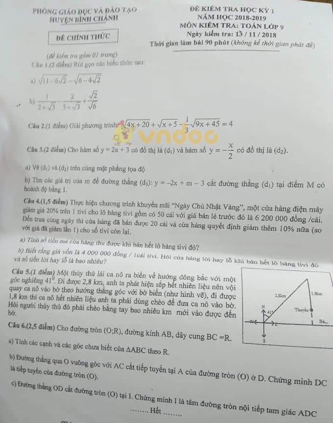 Đề thi học kì 1 lớp 9 môn Toán Phòng GD&ĐT huyện Bình Chánh năm học 2018 - 2019