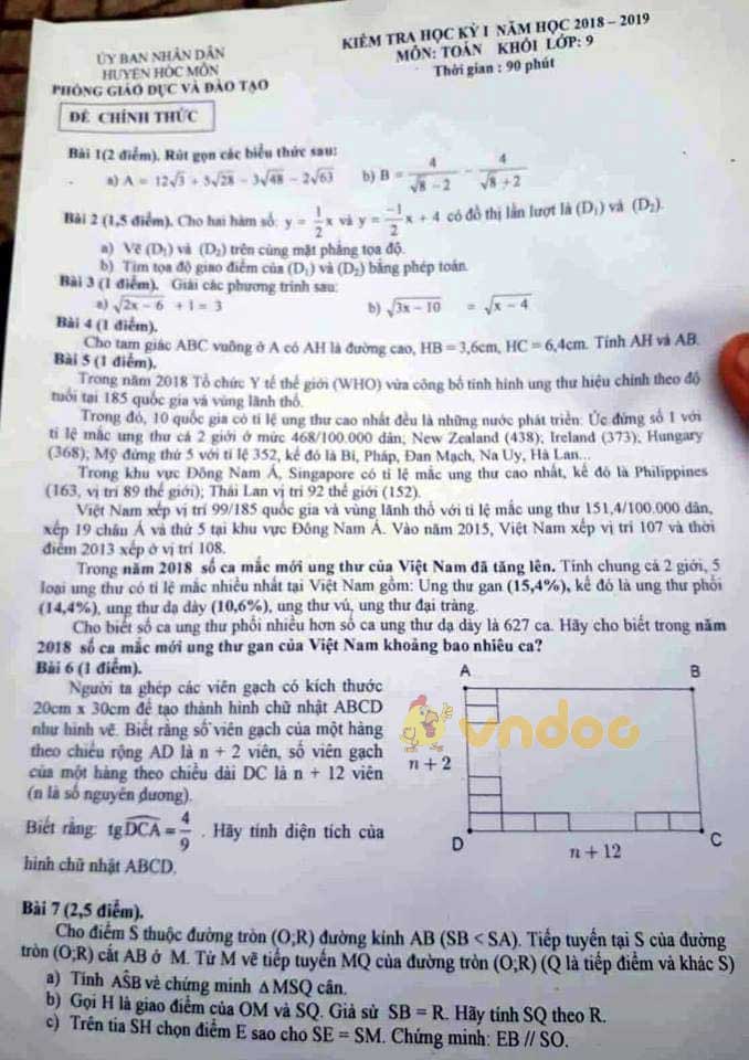 Đề thi học kì 1 lớp 9 môn Toán Phòng GD&ĐT huyện Hóc Môn năm học 2018 - 2019