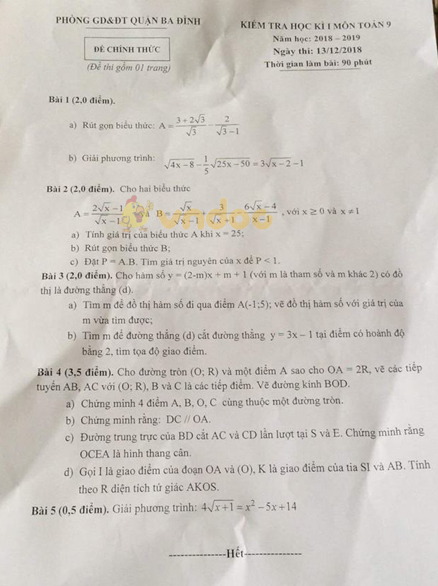 Đề thi học kì 1 lớp 9 môn Toán Phòng GD&ĐT quận Ba Đình năm học 2018 - 2019