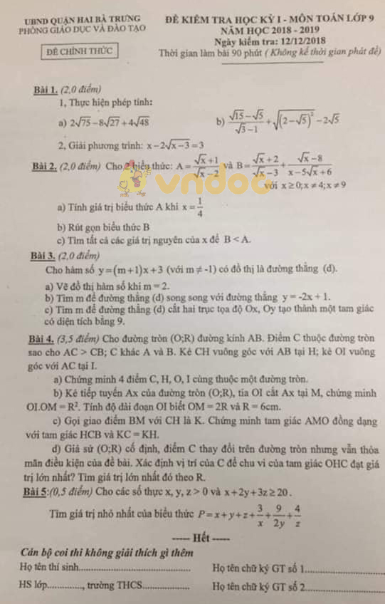 Đề thi học kì 1 lớp 9 môn Toán Phòng GD&ĐT quận Hai Bà Trưng năm học 2018 - 2019