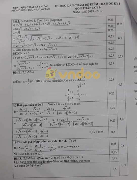 Đề thi học kì 1 lớp 9 môn Toán Phòng GD&ĐT quận Hai Bà Trưng năm học 2018 - 2019