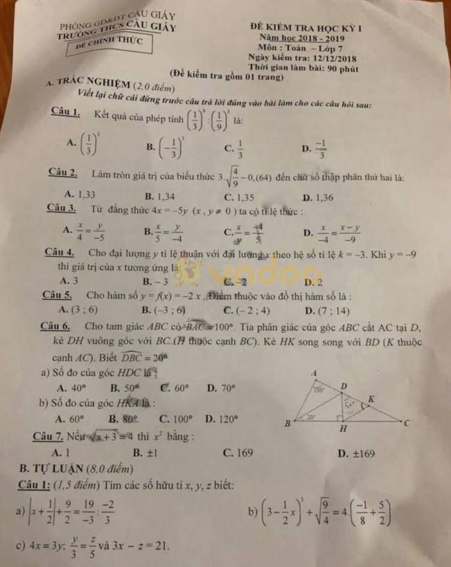 Đề thi học kì 1 lớp 7 môn Toán trường THCS Cầu Giấy năm học 2018 - 2019