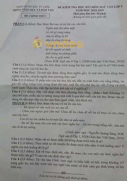 Đề thi học kì 1 lớp 9 môn Ngữ văn Phòng GD&ĐT Quận Bắc Từ Liêm năm học 2018 - 2019
