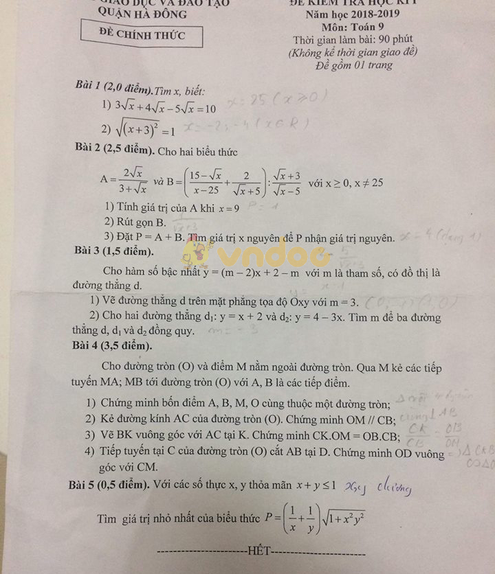 Đề thi học kì 1 lớp 9 môn Toán Phòng GD&ĐT quận Hà Đông năm học 2018 - 2019