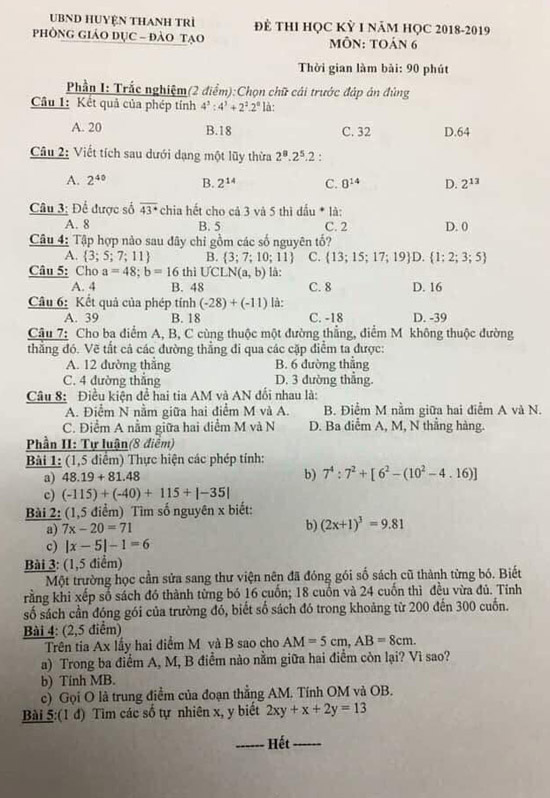 Đề thi học kì 1 môn Toán lớp 6