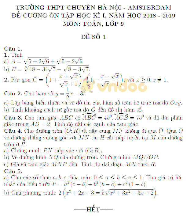 Đề cương ôn tập học kì 1 lớp 9 môn Toán trường THPT Chuyên Hà Nội - Amsterdam năm học 2018 - 2019