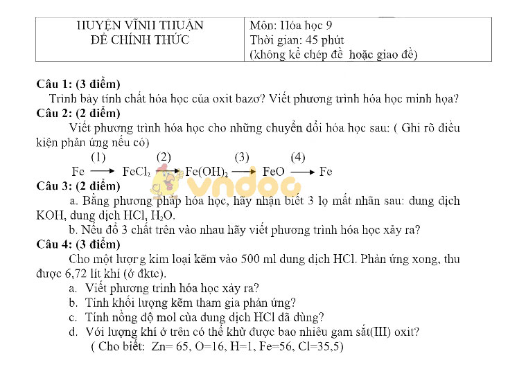 Đề thi học kì 1 lớp 9 môn Hóa học Phòng GD&ĐT huyện Vĩnh Thuận năm học 2018 - 2019