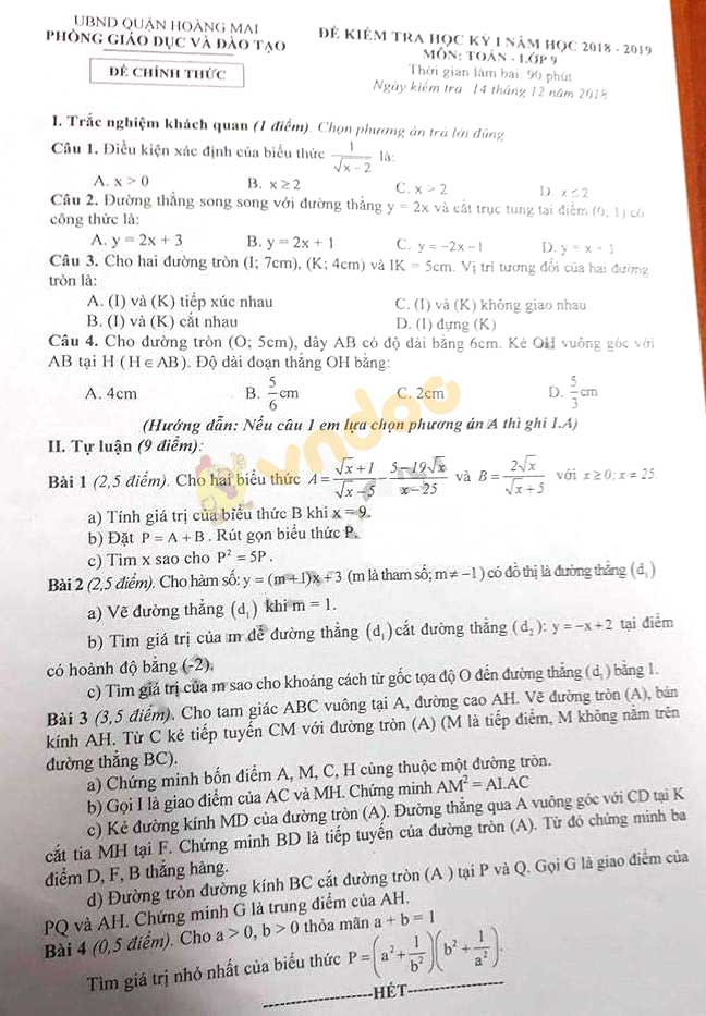 Đề thi học kì 1 lớp 9 môn Toán Phòng GD&ĐT quận Hoàng Mai năm học 2018 - 2019