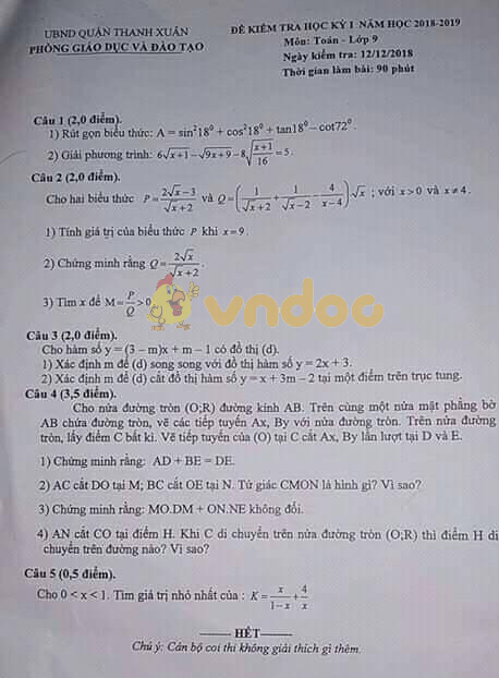 Đề thi học kì 1 lớp 9 môn Toán Phòng GD&ĐT quận Thanh Xuân năm học 2018 - 2019
