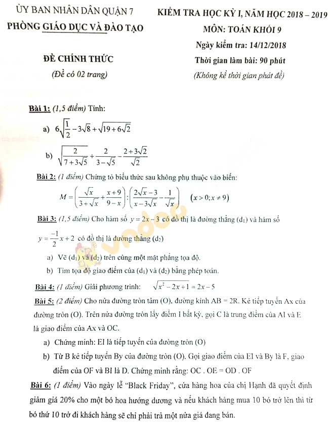 Đề thi học kì 1 lớp 9 môn Toán Phòng GD&ĐT UBND quận 7 năm học 2018 - 2019