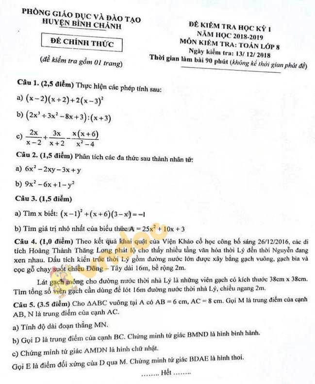 Đề thi học kì 1 lớp 8 môn Toán Phòng GD&ĐT huyện Bình Chánh năm học 2018 - 2019