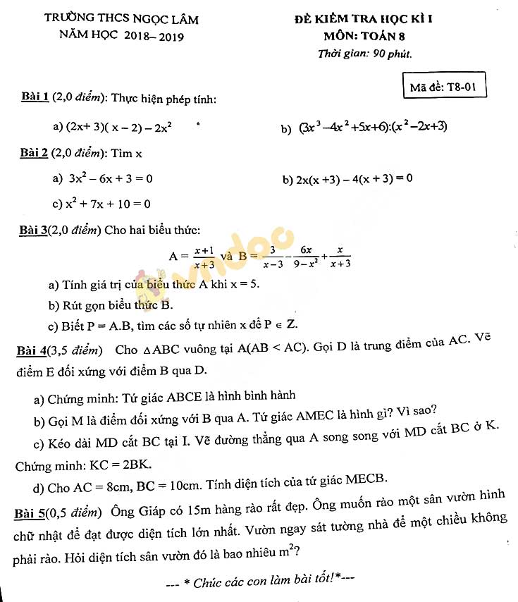 Đề thi học kì 1 lớp 8 môn Toán trường THCS Ngọc Lâm năm học 2018 - 2019