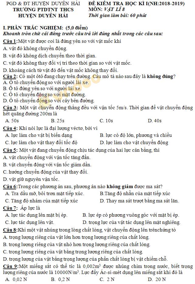 Đề thi học kì 1 lớp 8 môn Vật lý trường PTDTNT THCS huyện Duyên Hải năm học 2018 - 2019