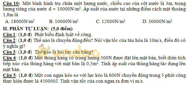 Đề thi học kì 1 lớp 8 môn Vật lý trường PTDTNT THCS huyện Duyên Hải năm học 2018 - 2019