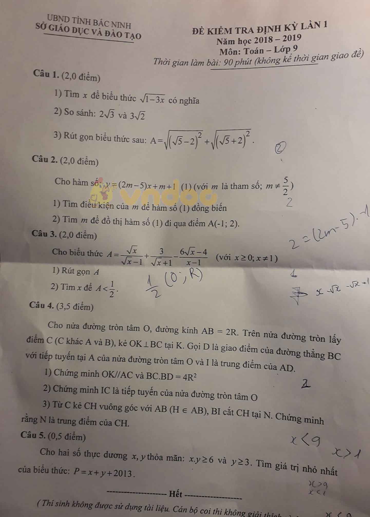 Đề thi học kì 1 lớp 9 môn Toán Phòng GD&ĐT tỉnh Bắc Ninh năm học 2018 - 2019