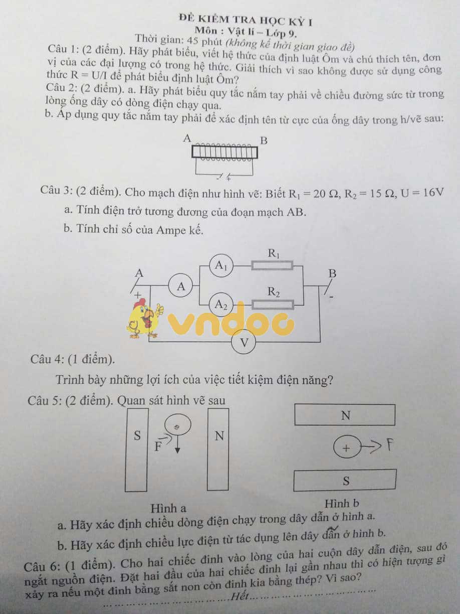 Đề thi học kì 1 lớp 9 môn Vật lý năm học 2018 - 2019