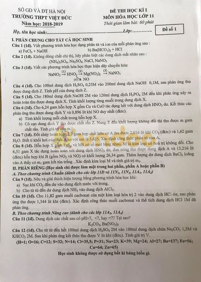 Đề thi kì 1 môn Hóa học lớp 11