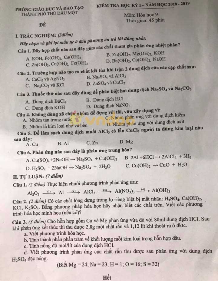 Đề thi học kì 1 lớp 9 môn Hóa học Phòng GD&ĐT TP Thủ Dầu Một năm học 2018 - 2019