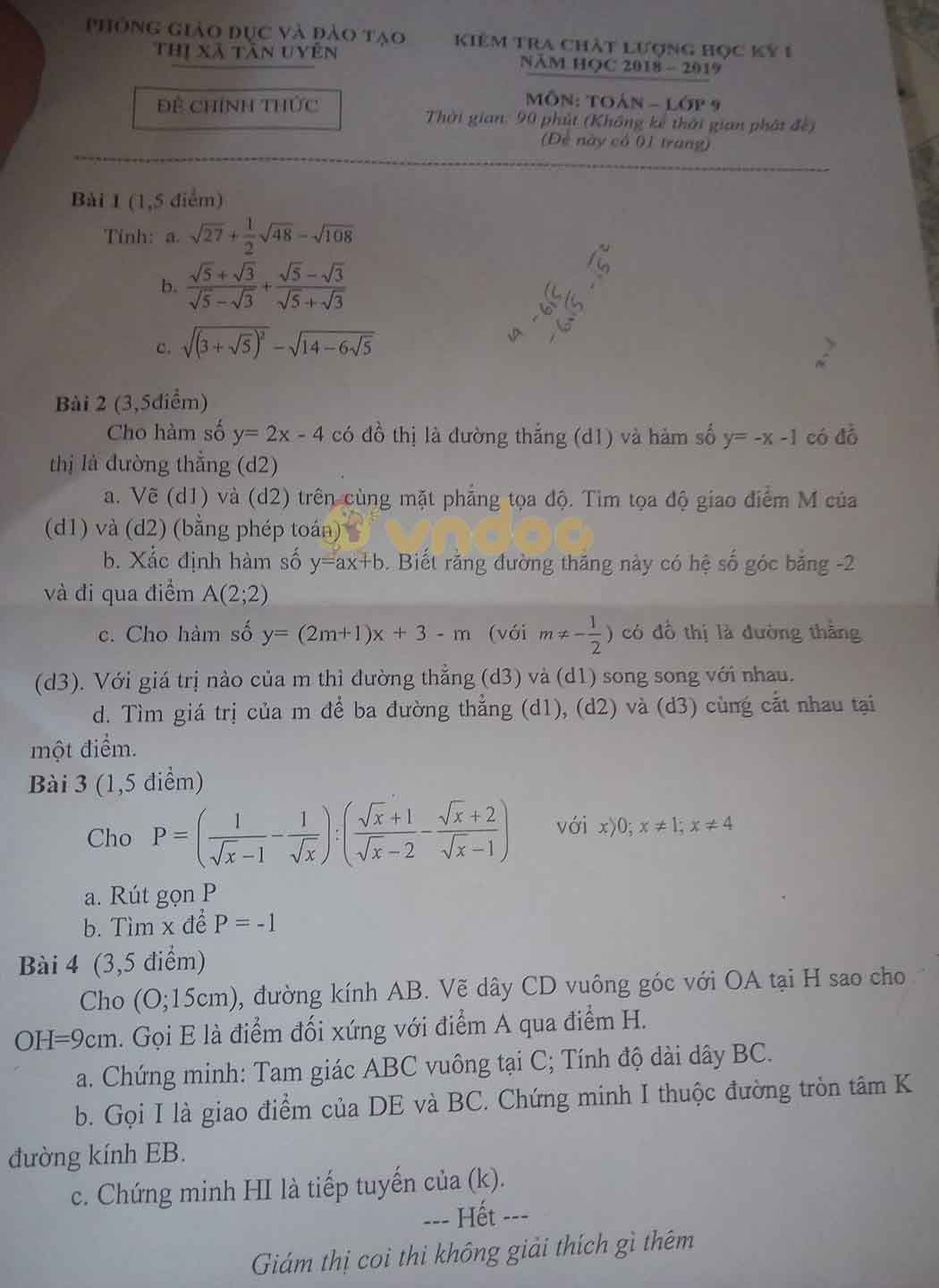 Đề thi học kì 1 lớp 9 môn Toán Phòng GD&ĐT thị xã Tân Uyên năm học 2018 - 2019