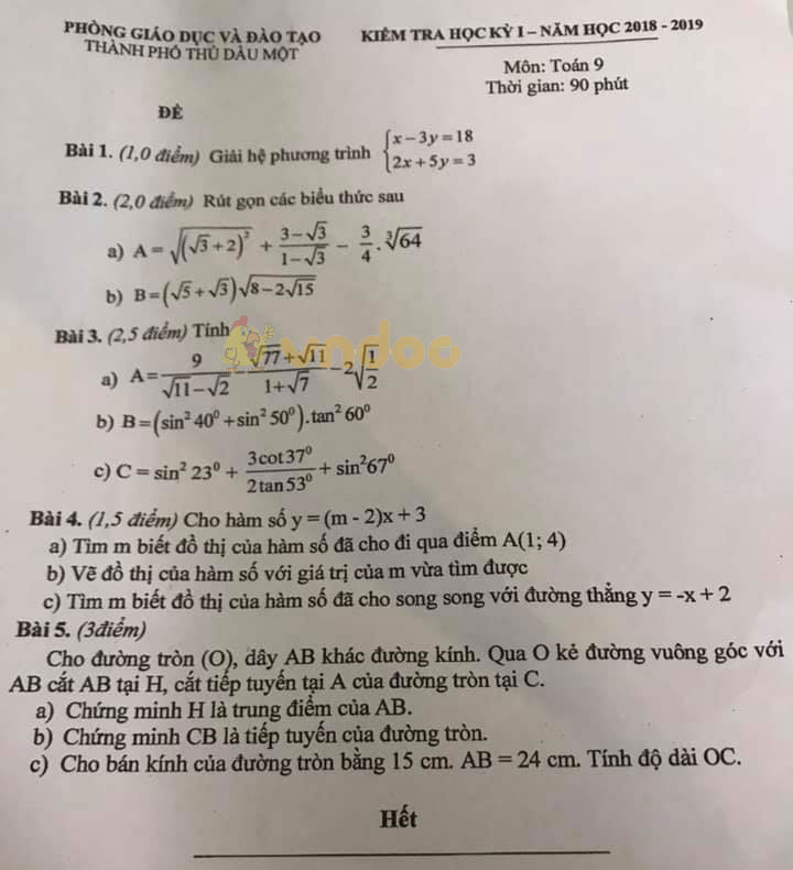 Đề thi học kì 1 lớp 9 môn Toán Phòng GD&ĐT TP Thủ Dầu Một năm học 2018 - 2019