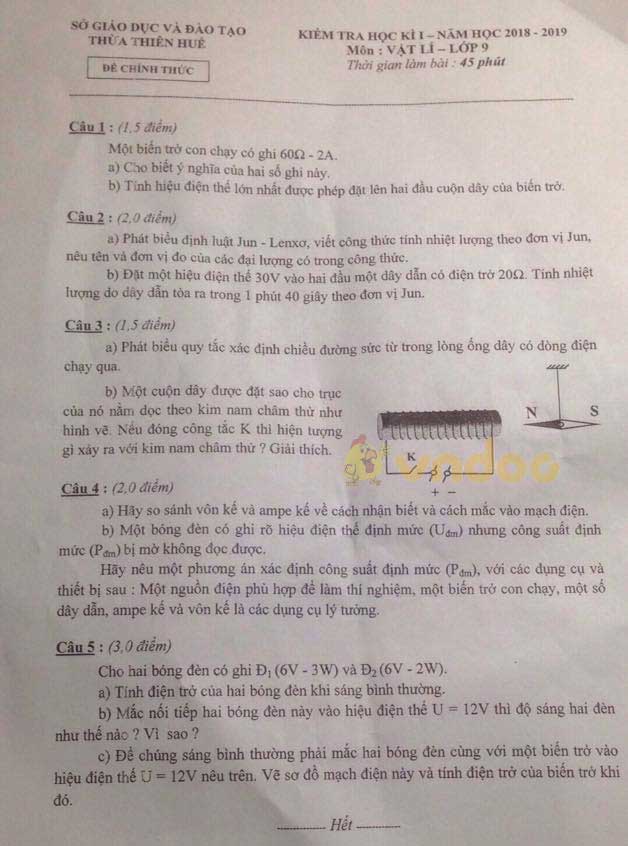 Đề thi học kì 1 lớp 9 môn Vật lý Sở GD&ĐT Thừa Thiên Huế năm học 2018 - 2019