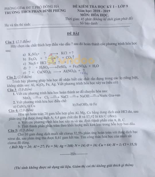 Đề thi học kì 1 lớp 9 môn Hóa học trường THCS Phan Đình Phùng, Hà Đông năm học 2018 - 2019