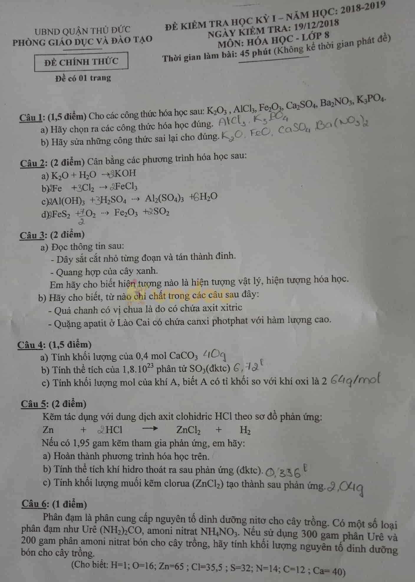 Đề thi học kì 1 lớp 8 môn Hóa học Phòng GD&ĐT quận Thủ Đức năm học 2018 - 2019