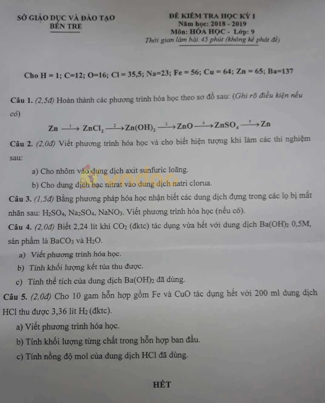 Đề thi học kì 1 lớp 9 môn Hóa học Sở GD&ĐT Bến Tre năm học 2018 - 2019