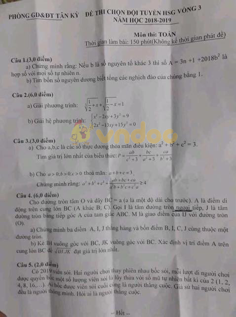 Đề thi chọn học sinh giỏi lớp 9 môn Toán Phòng GD&ĐT Tân Kỳ năm học 2018 - 2019 (vòng 3)