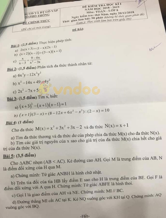 Đề thi học kì 1 lớp 8 môn Toán Phòng GD&ĐT Gò Vấp năm học 2018 - 2019