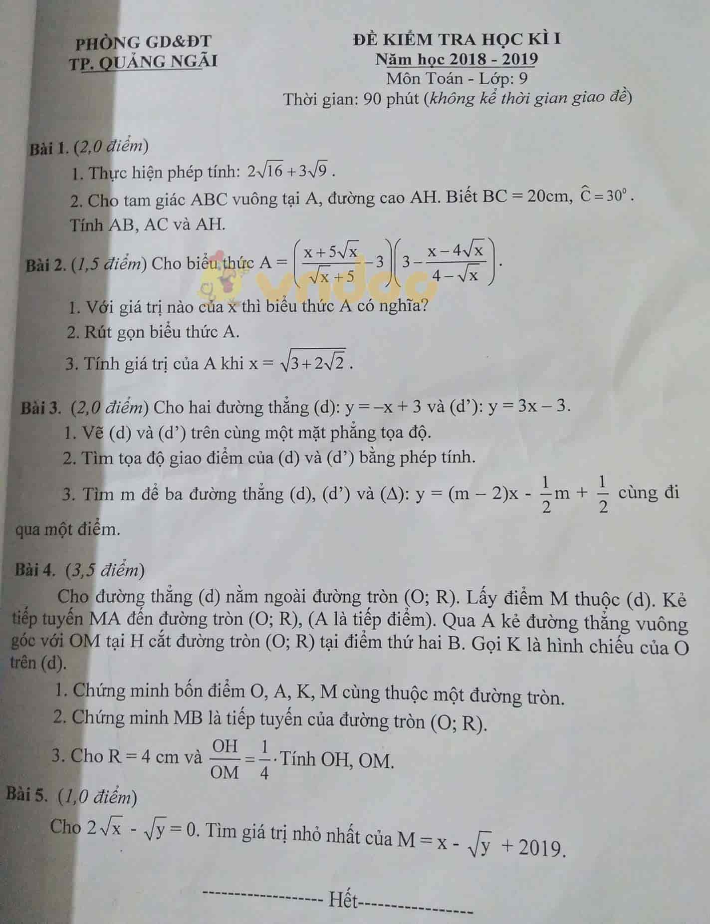 Đề thi học kì 1 lớp 9 môn Ngữ văn Phòng GD&ĐT TP Quảng Ngãi năm học 2018 - 2019