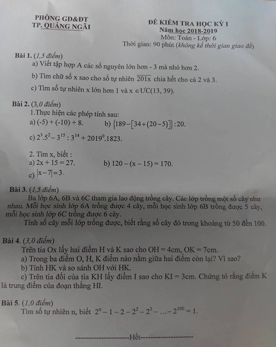 Đề thi học kì 1 môn Toán lớp 6