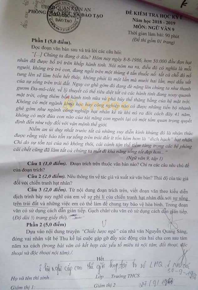 Đề thi học kì 1 lớp 9 môn Ngữ văn Phòng GD&ĐT quận Kiến An, Hải Phòng năm học 2018 - 2019