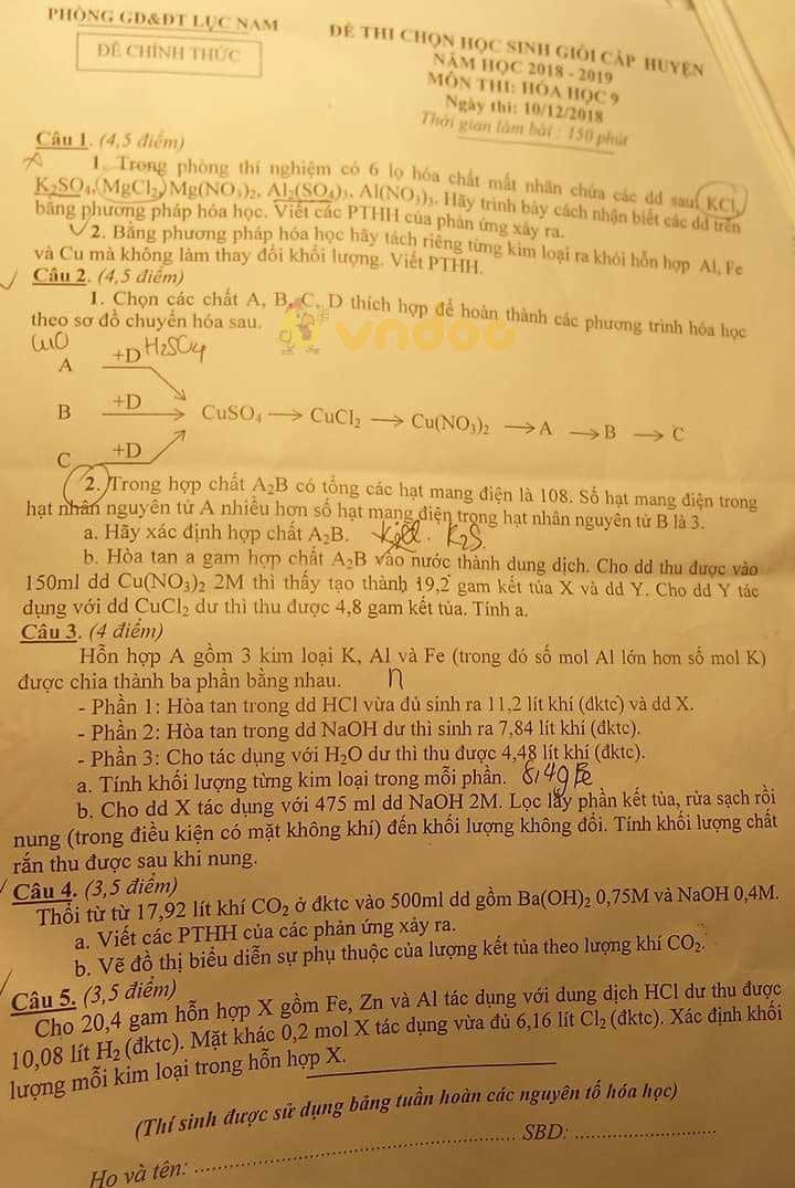 Đề thi chọn học sinh giỏi cấp huyện lớp 9 môn Hóa học Phòng GD&ĐT Lục Nam năm học 2018 - 2019