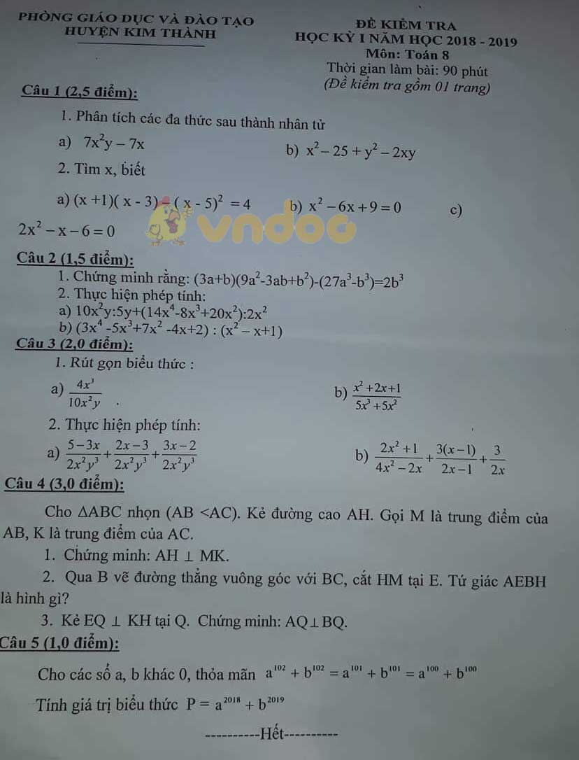 Đề thi học kì 1 lớp 8 môn Toán Phòng GD&ĐT huyện Kim Thành, Hải Dương năm học 2018 - 2019