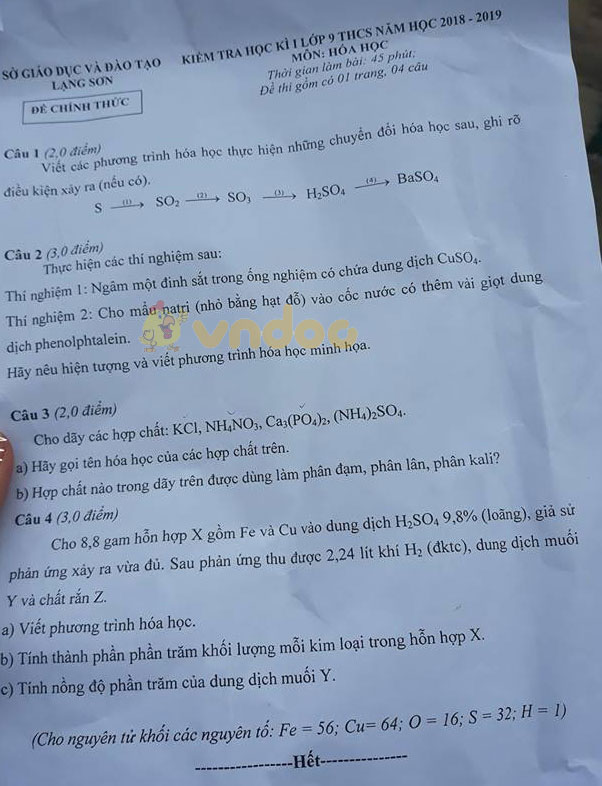 Đề thi học kì 1 lớp 9 môn Hóa học Sở GD&ĐT Lạng Sơn năm học 2018 - 2019