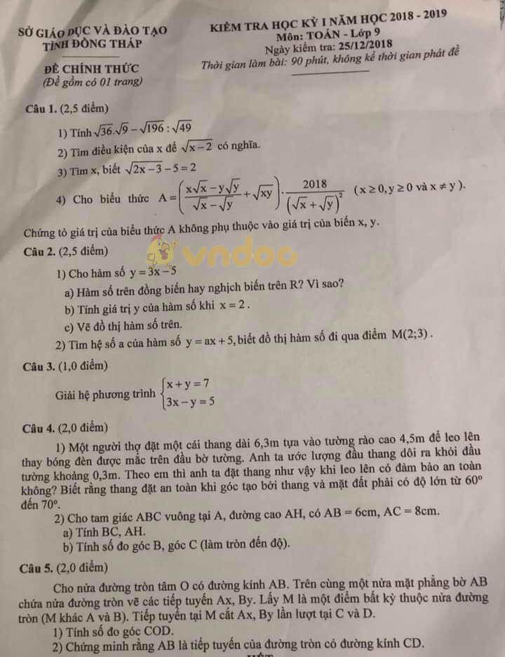 Đề thi học kì 1 lớp 9 môn Toán Sở GD&ĐT Đồng Tháp năm học 2018 - 2019