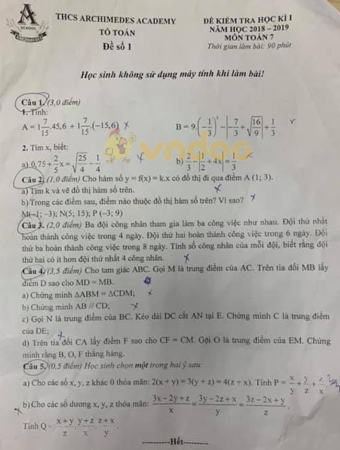 Đề thi học kì 1 lớp 7 môn Toán trường THCS Archimedes Academy năm học 2018 - 2019