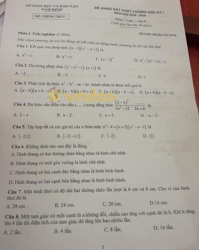 Đề thi học kì 1 lớp 8 môn Toán Sở GD&ĐT Nam Định năm học 2018 - 2019