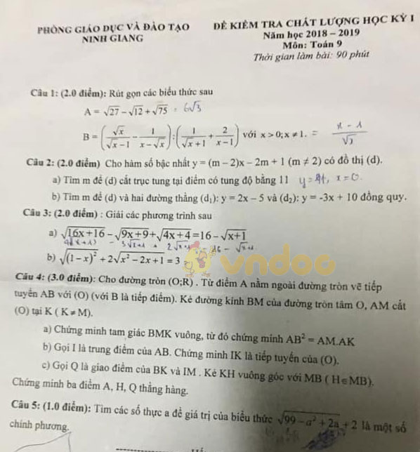 Đề thi học kì 1 lớp 9 môn Toán Phòng GD&ĐT Ninh Giang năm học 2018 - 2019
