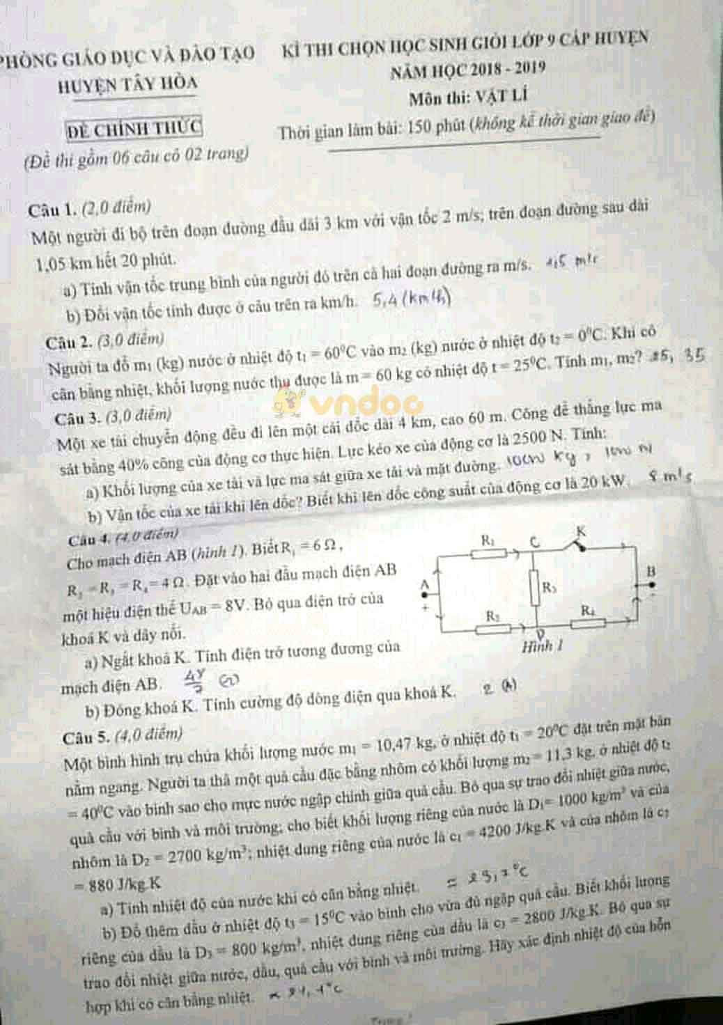 Đề thi chọn học sinh giỏi cấp huyện lớp 9 môn Vật lý Phòng GD&ĐT huyện Tây Hòa năm học 2018 - 2019