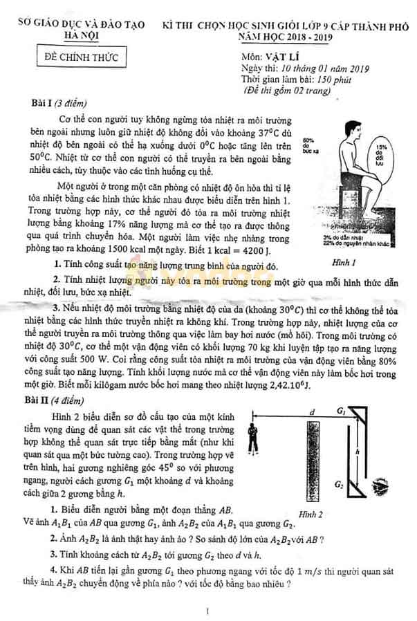 Đề thi chọn học sinh giỏi cấp thành phố lớp 9 môn Vật lý Phòng GD&ĐT Hà Nội năm học 2018 - 2019