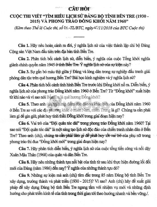 Câu hỏi cuộc thi viết "Tìm hiểu Lịch sử Đảng bộ tỉnh Bến Tre (1930 - 2015) và phong trào Đồng khởi năm 1960"