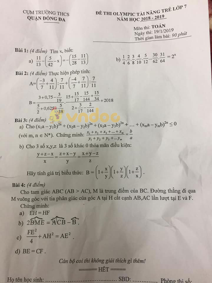 Đề thi Olympic tài năng trẻ môn Toán lớp 7 trường THCS quận Đống Đa năm 2018 - 2019