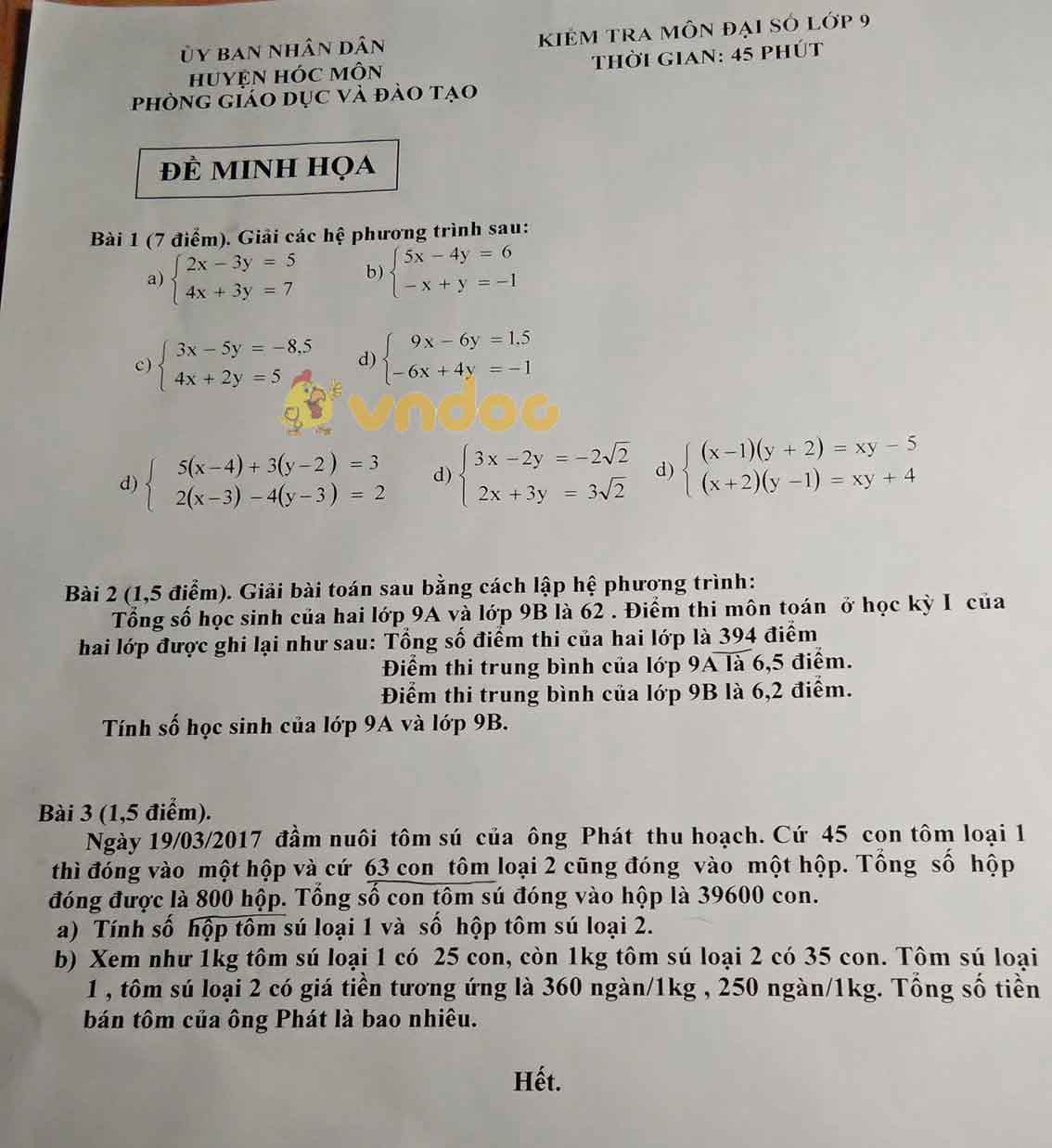 Đề kiểm tra 45 phút môn Toán Đại số lớp 9 Phòng GD&ĐT huyện Hóc Môn năm 2018 - 2019