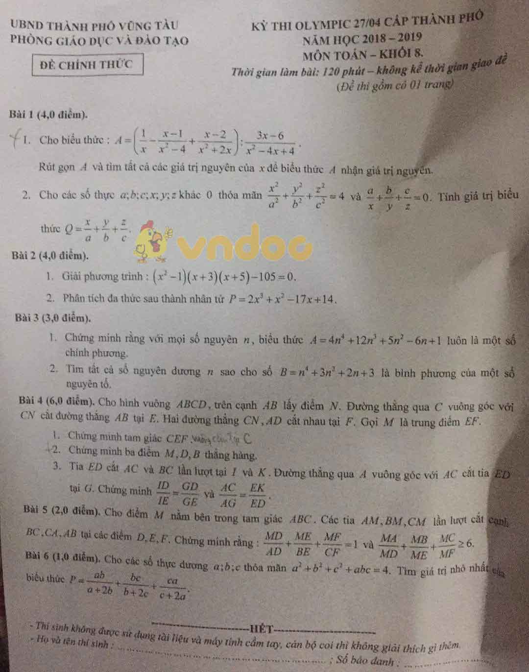 Đề thi Olympic cấp thành phố môn Toán lớp 8 Phòng GD&ĐT TP Vũng Tàu năm học 2018 - 2019