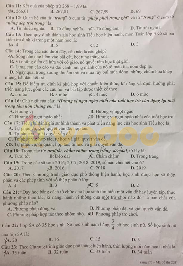 Đề thi tuyển giáo viên tiểu học tỉnh Vĩnh Phúc