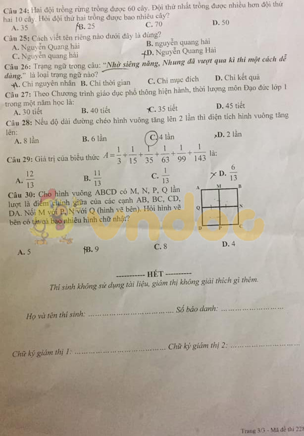 Đề thi tuyển giáo viên tiểu học tỉnh Vĩnh Phúc