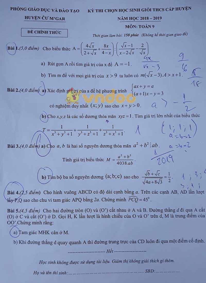 Đề thi chọn học sinh giỏi cấp huyện lớp 9 môn Toán Phòng GD&ĐT huyện Cư M’gar năm học 2018 - 2019