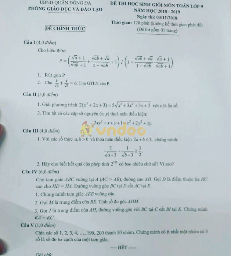 Đề thi chọn học sinh giỏi lớp 9 môn Toán Phòng GD&ĐT quận Đống Đa năm học 2018 - 2019